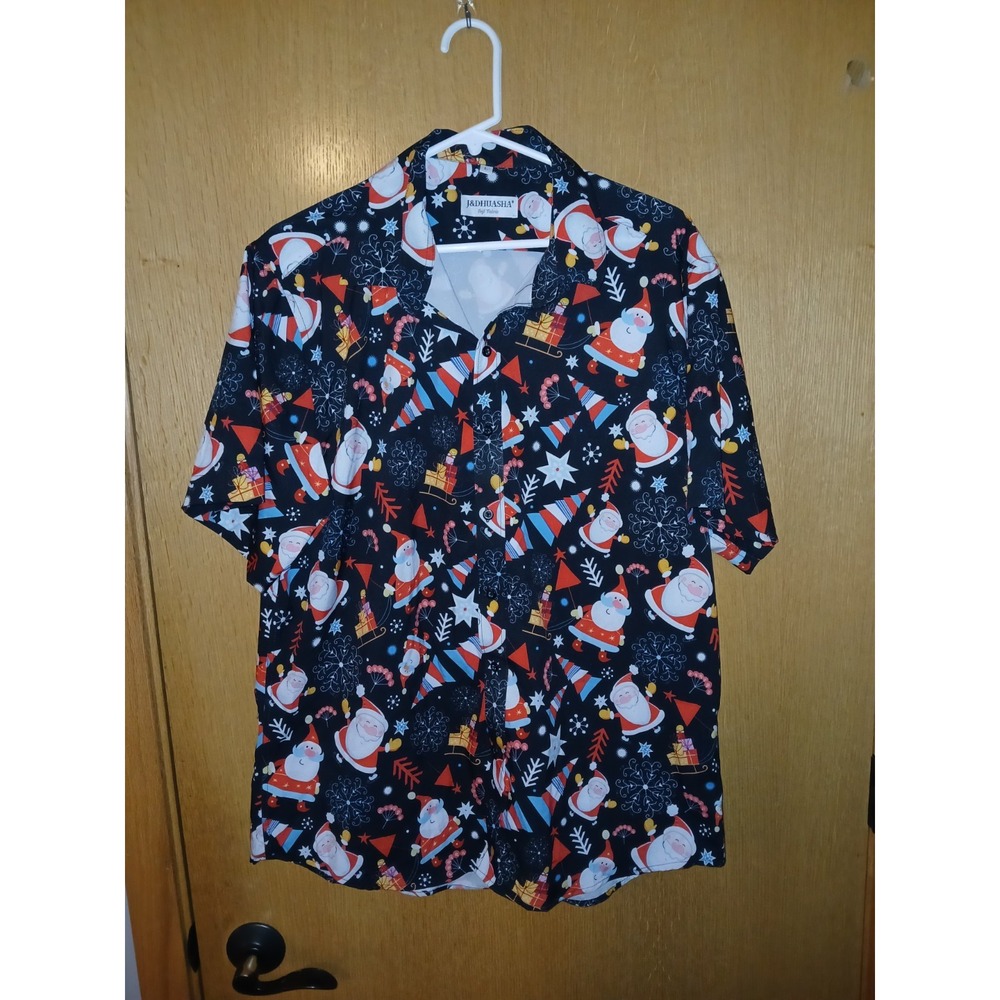 J&D Huashia Mens Large Christmas Shirt Santa Claus Button Up Holiday Hawaiian